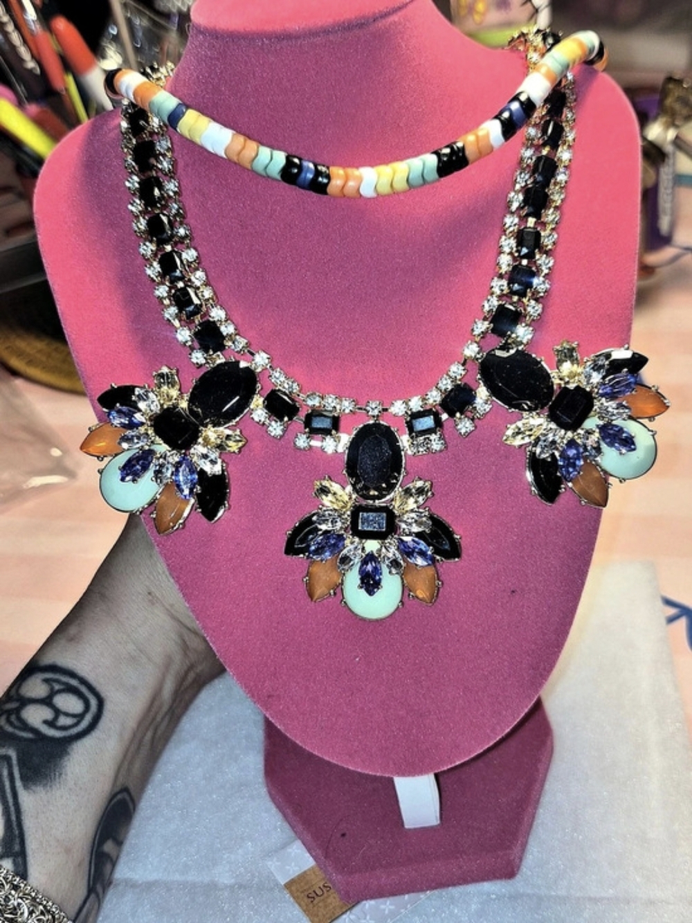 Susan Graver Style Rainbow Beaded & Black Rhinestone Statement Necklace NWT